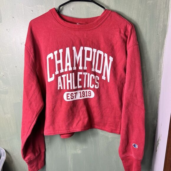 Vintage Champion Crop Sweatshirt Sweatshirt Red SZ Medium Long Sleeve Crewneck - Picture 2 of 12